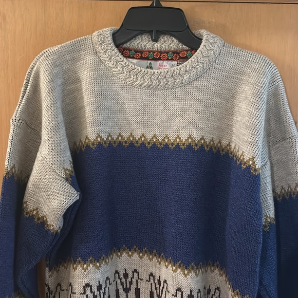 Peter Werth Vintage Fair Isle Crew Neck Tulip Sweater Blue Tan Size Medium - Picture 2 of 10